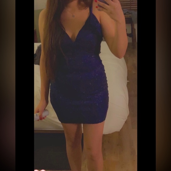 Beautiful marine blue sparkly dress with back open - Picture 1 of 2